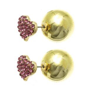 Pink Crystal Heart Shaped Earrings Gold Ball Reversible Stud Earrings